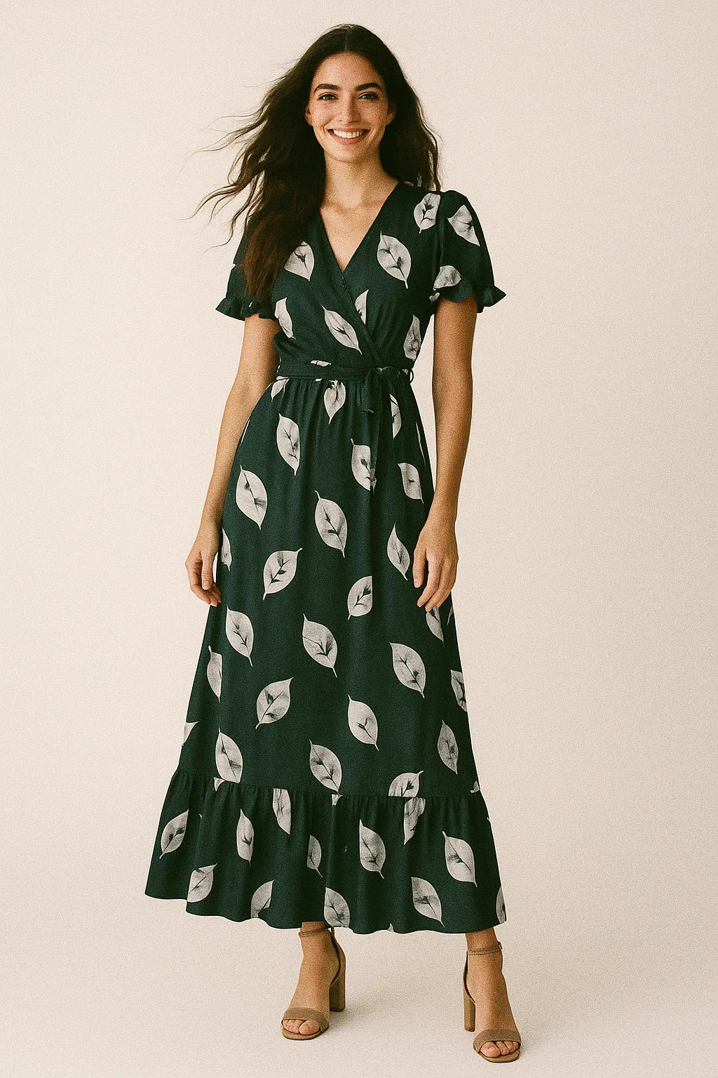 Leaves Print On Dark Grey Base Digital Printed Fabric