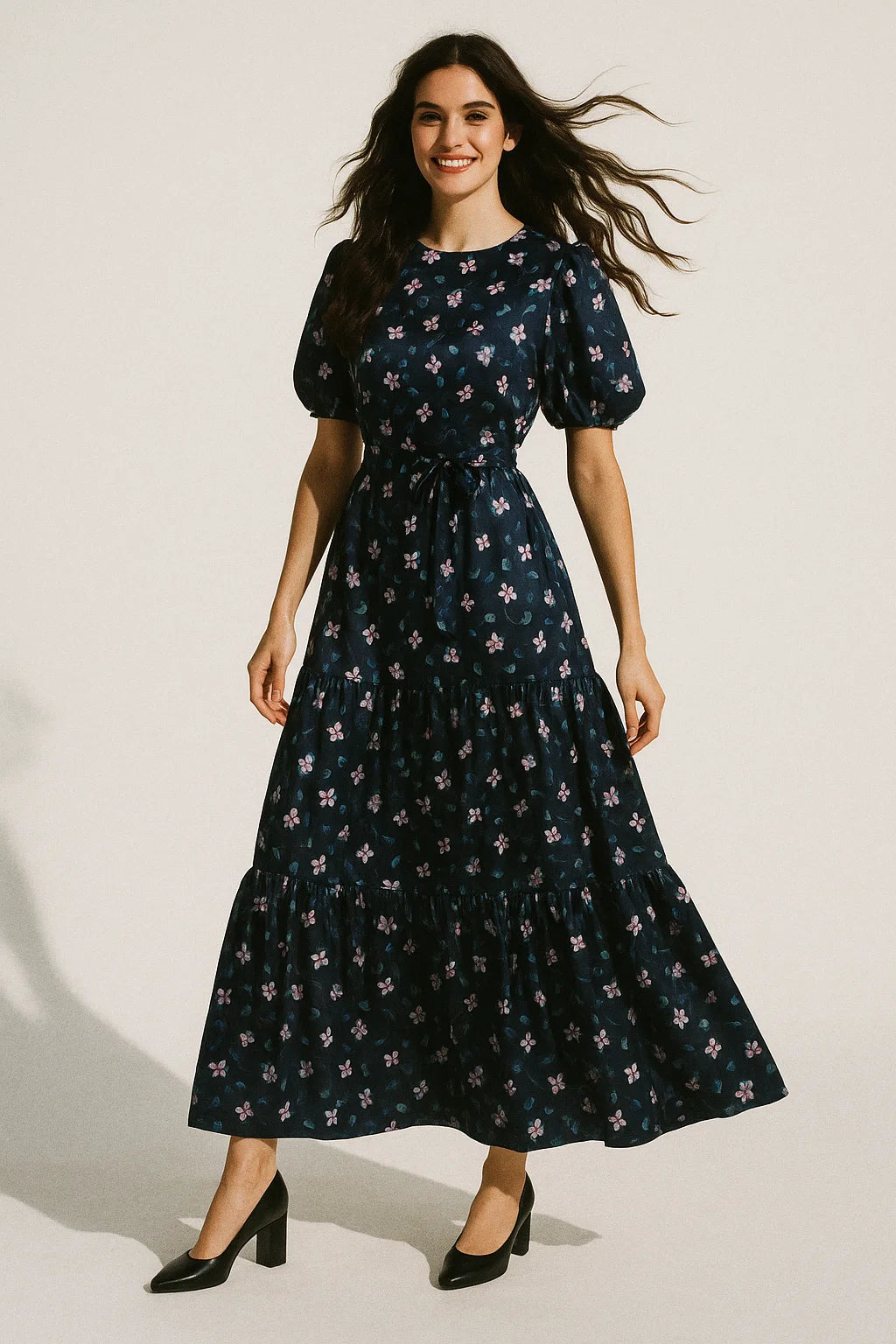 Flowers Floating over Blue Base Digital Printed Fabric