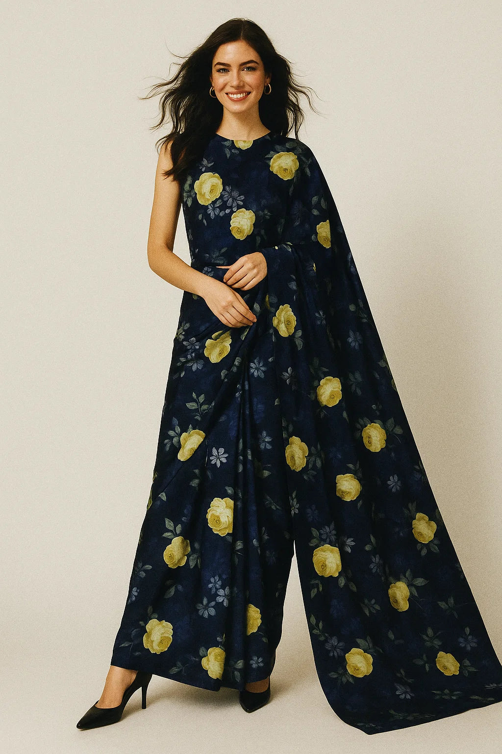 Elegant Floral Over Blue Base Digital Printed Fabric