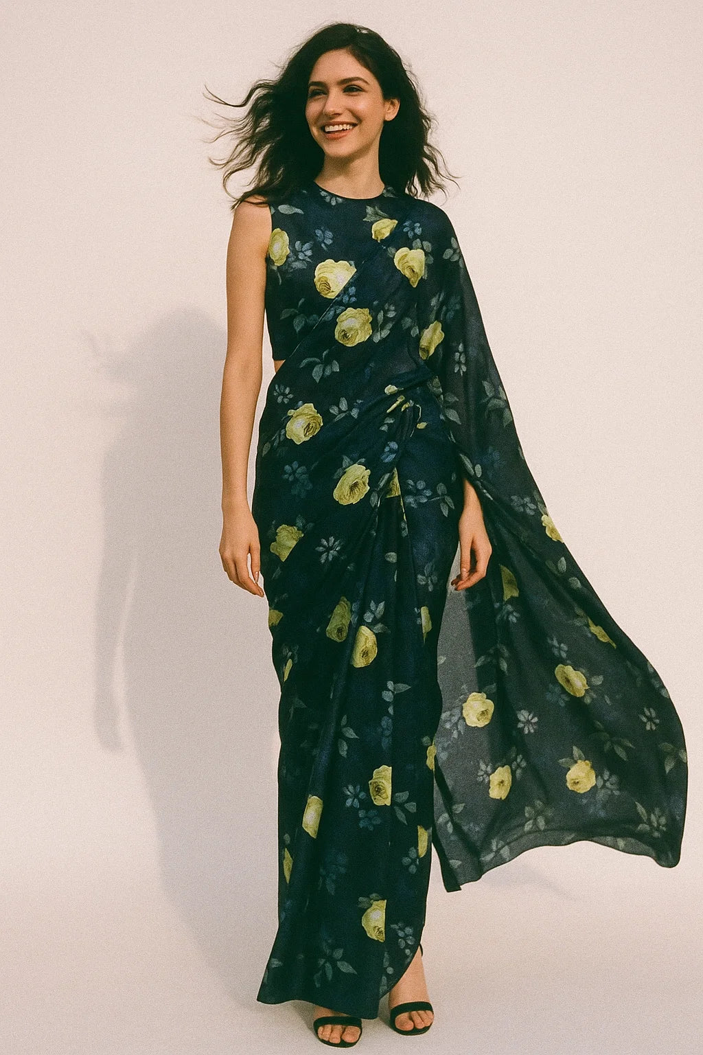 Elegant Floral Over Blue Base Digital Printed Fabric