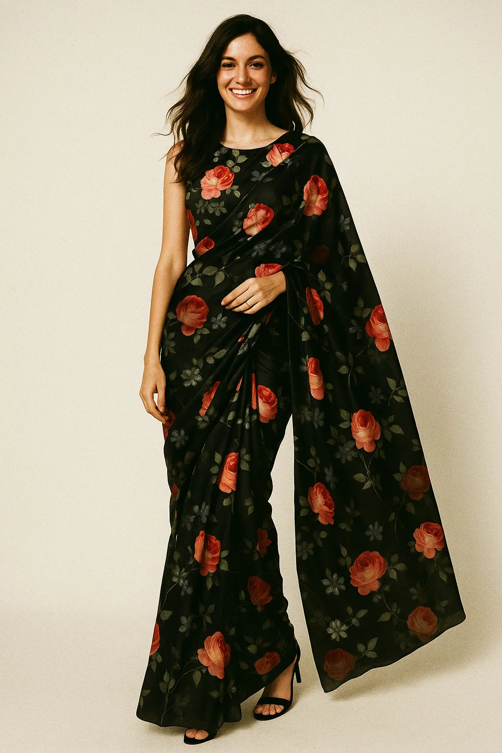 Elegant Floral Over Black Base Digital Printed Fabric