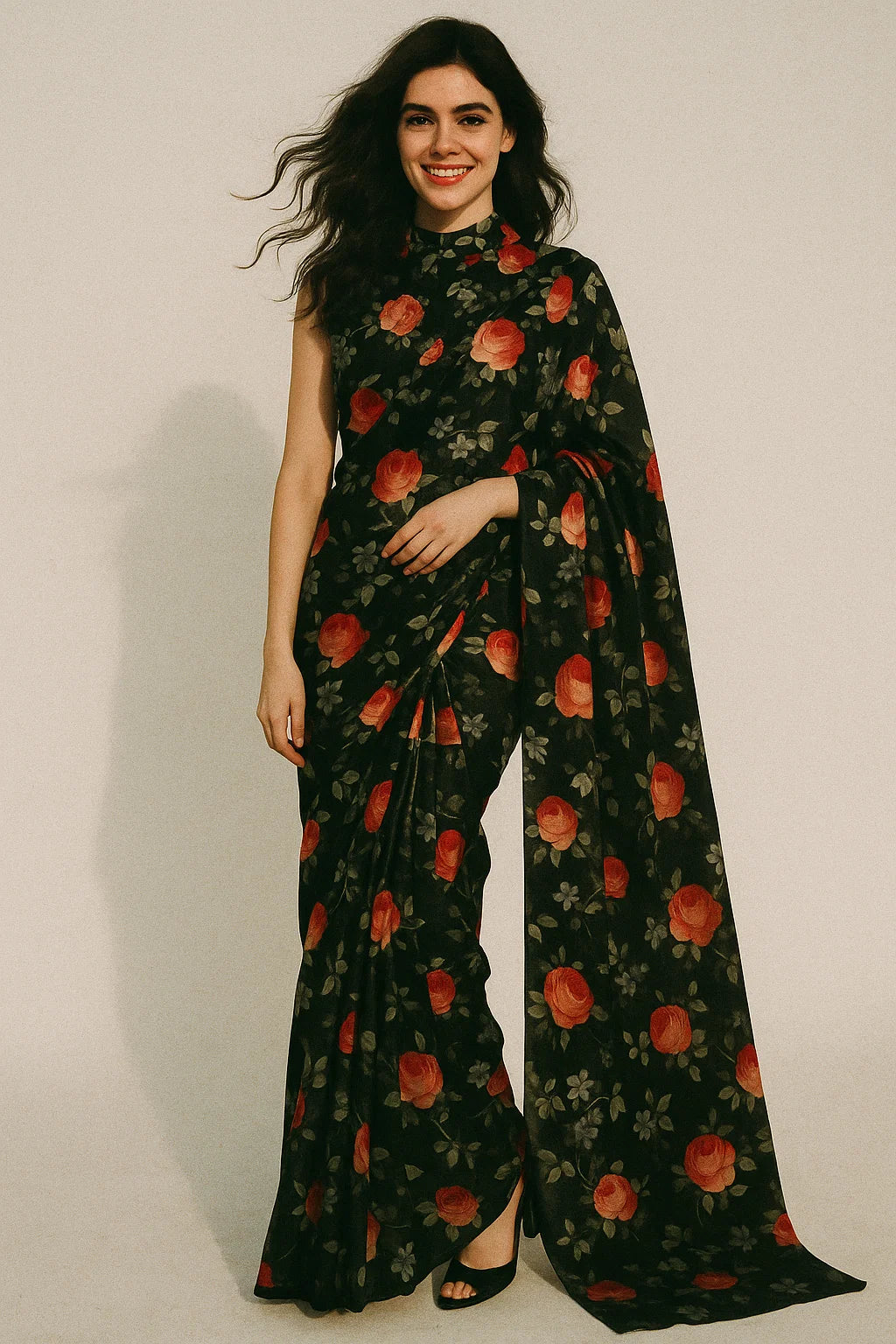 Elegant Floral Over Black Base Digital Printed Fabric