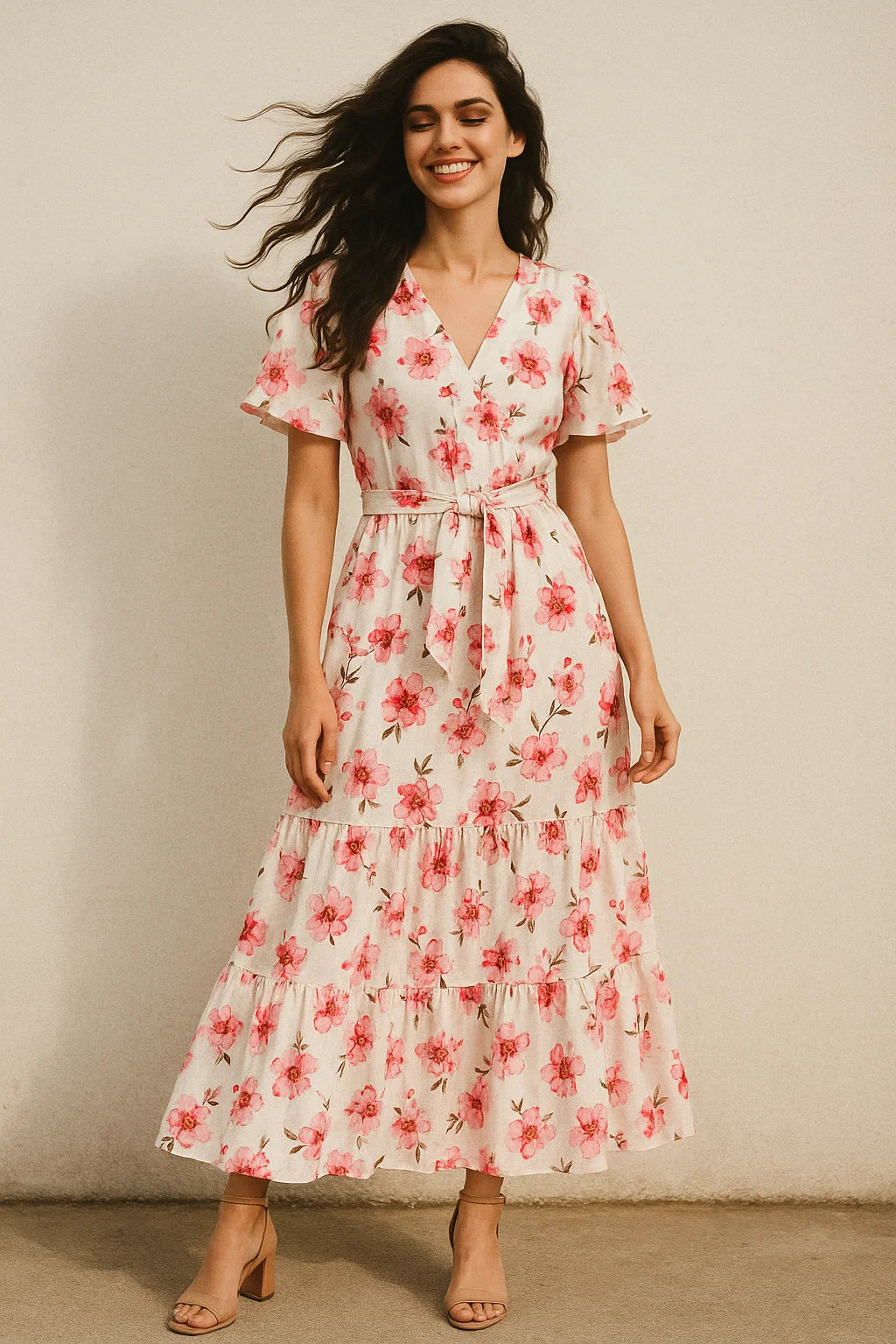 Beautiful Red Flowers over White Base Digital Printed Fabric