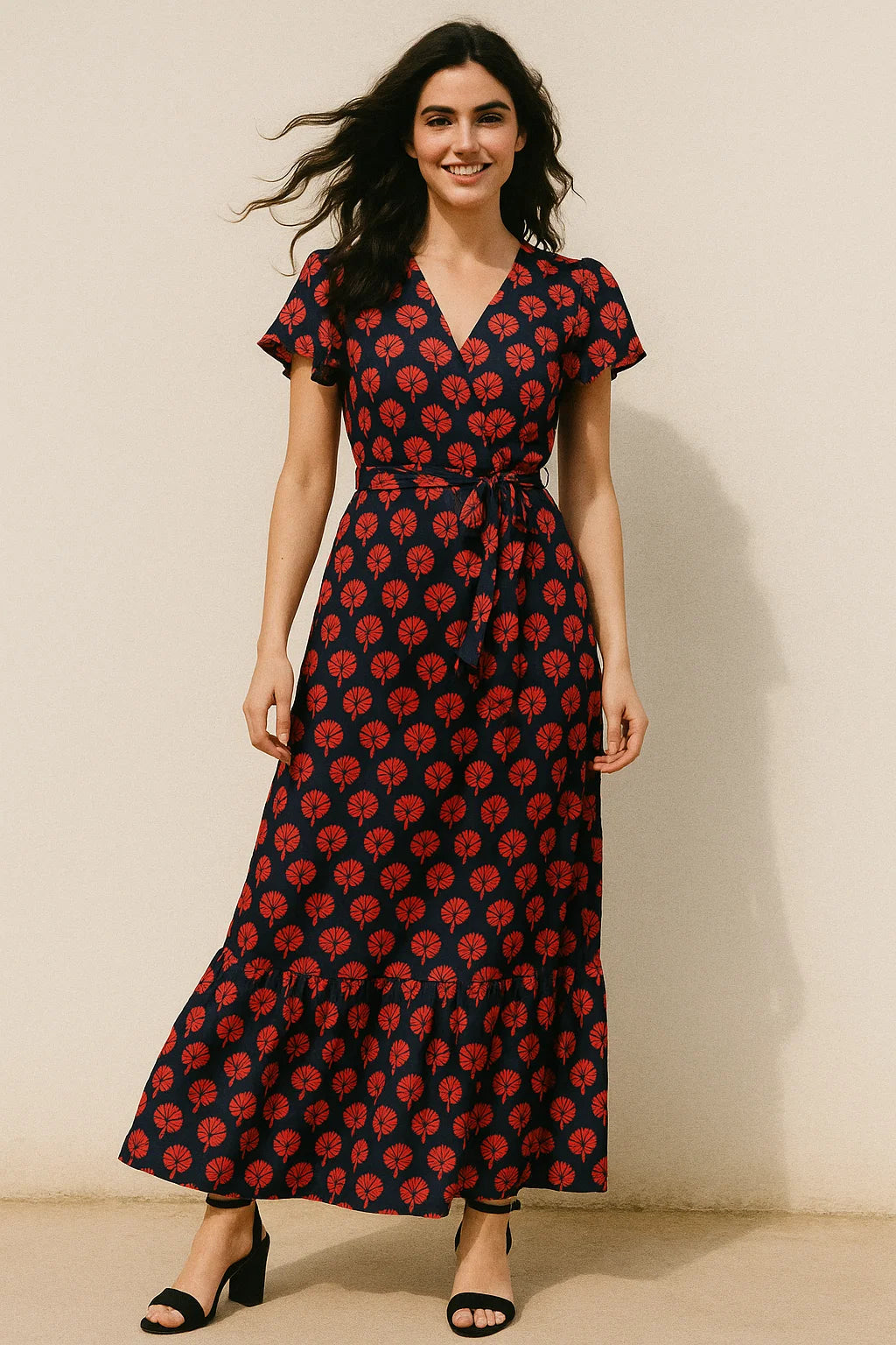 Beautiful Red Floral Over Dark Blue Base Printed Fabric