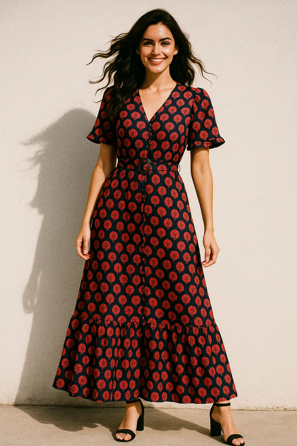 Beautiful Red Floral Over Dark Blue Base Printed Fabric