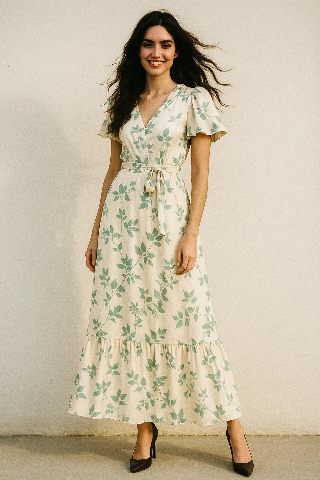 Olive Stalk And Leaves Digital Printed Fabric - Japan Satin