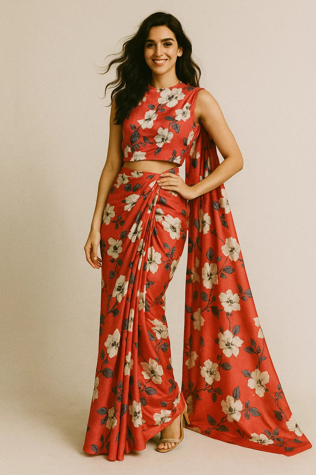 Red And White Flower Digital Printed Fabric - Japan Satin