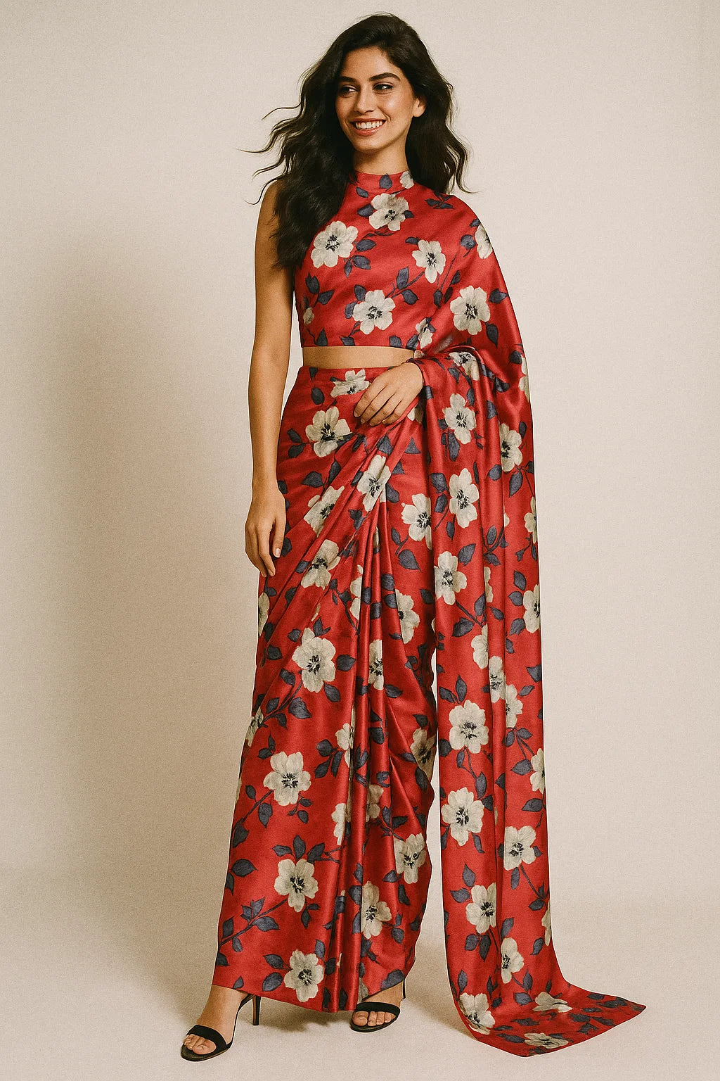 Red And White Flower Digital Printed Fabric - Japan Satin