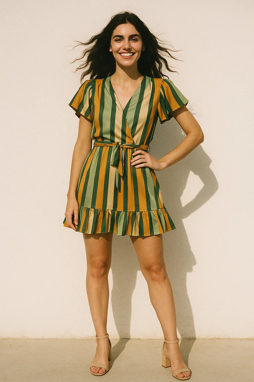 Yellow Green Stripes Digital Printed Fabric - Japan Satin