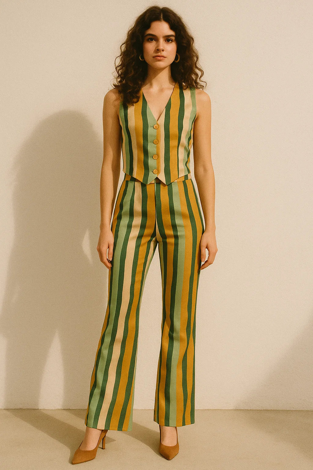 Yellow Green Stripes Digital Printed Fabric - Japan Satin