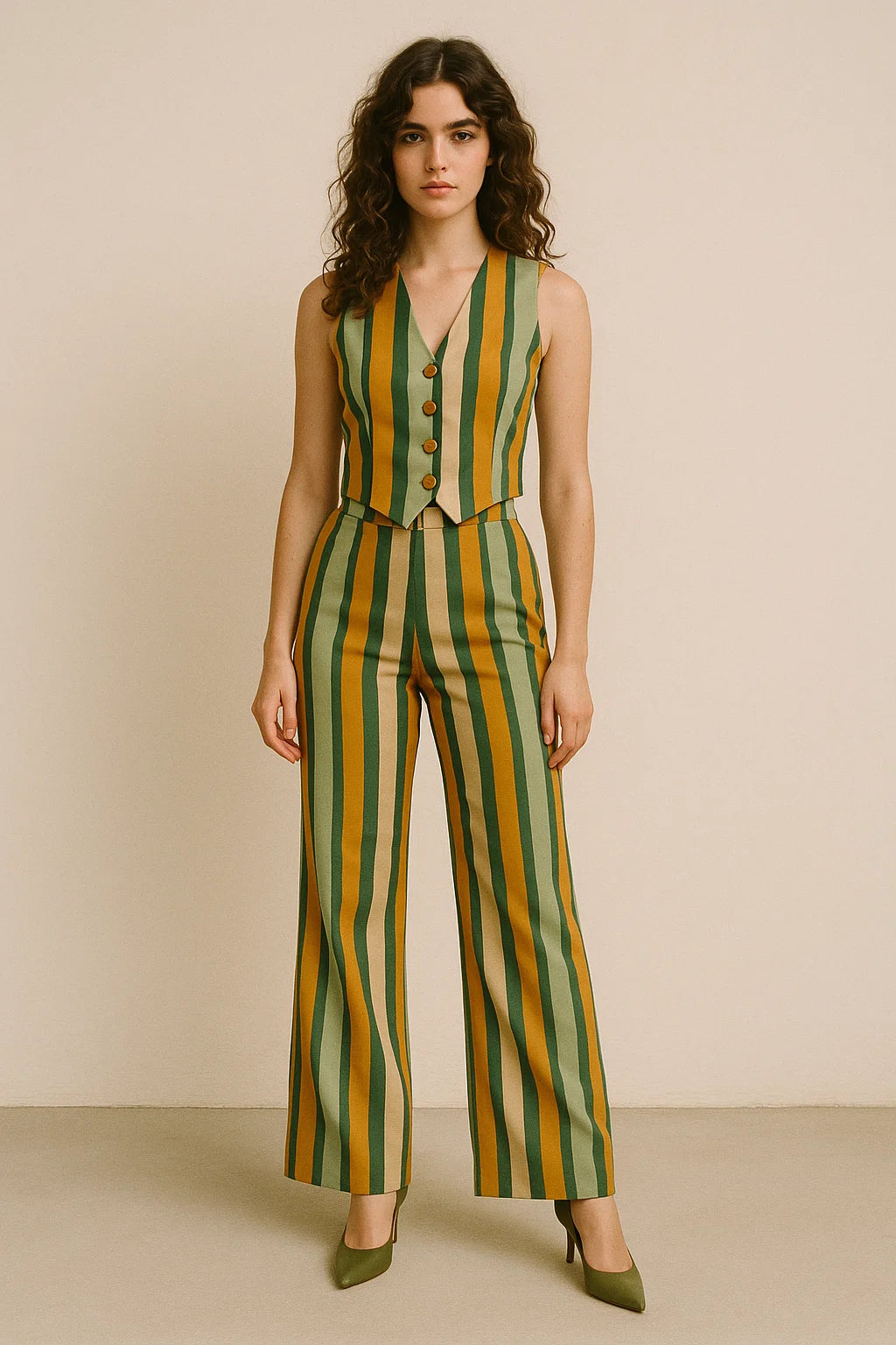 Yellow Green Stripes Digital Printed Fabric - Japan Satin