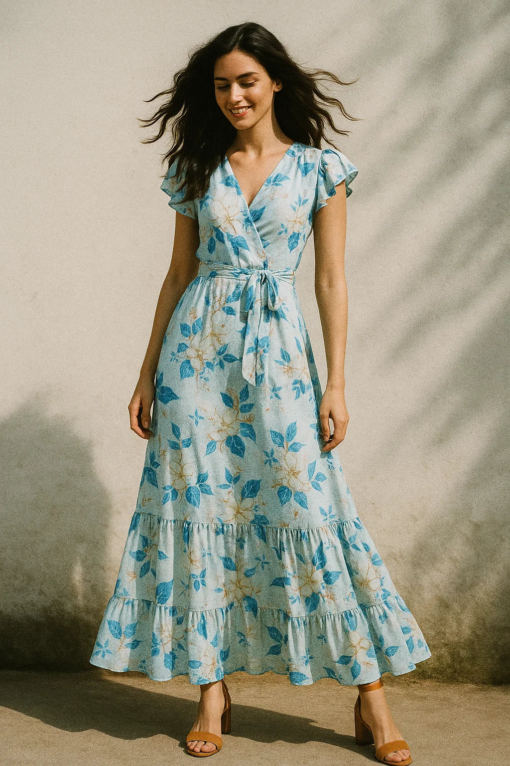 Flower On Ocean Blue Digital Printed Fabric - Japan Satin