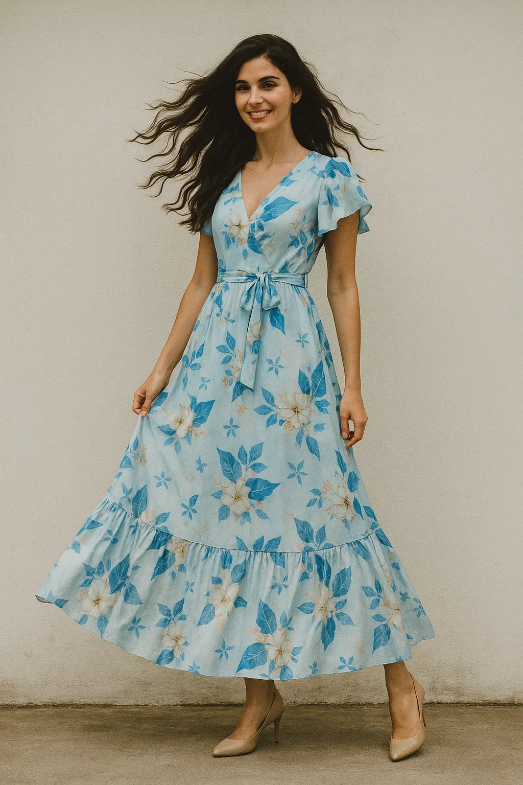 Flower On Ocean Blue Digital Printed Fabric - Japan Satin