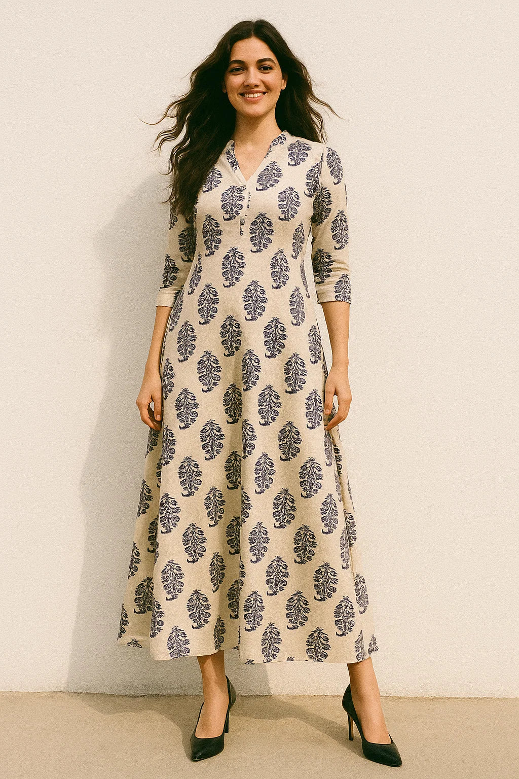 Block Print Motif Digital Printed Fabric - Japan Satin