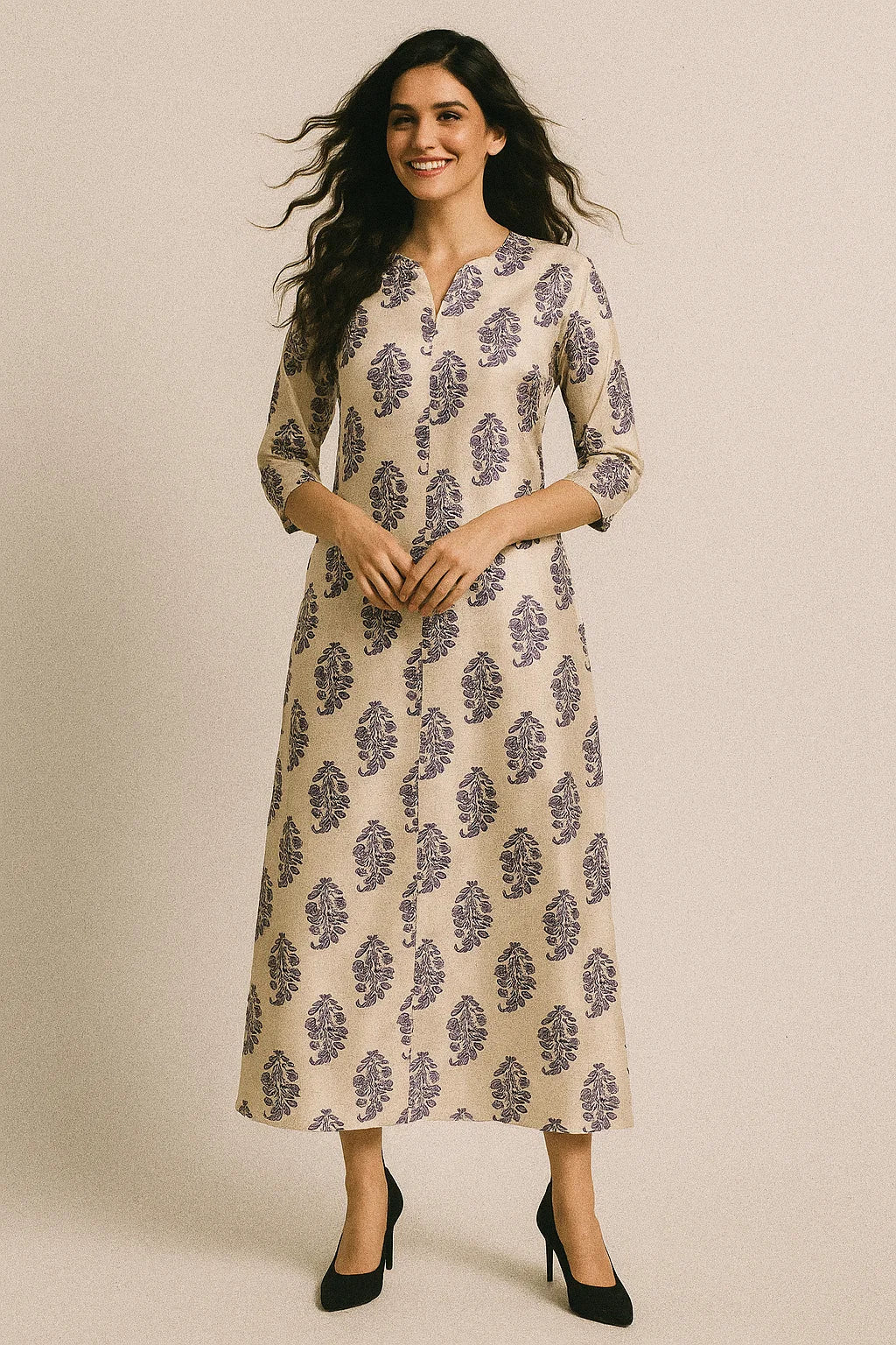 Block Print Motif Digital Printed Fabric - Japan Satin