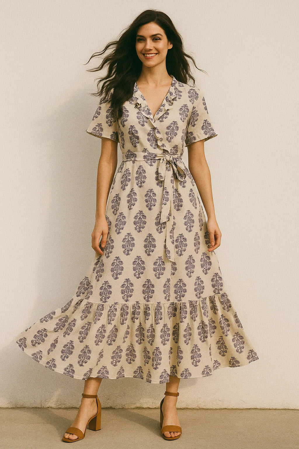 Block Print Motif Digital Printed Fabric - Japan Satin