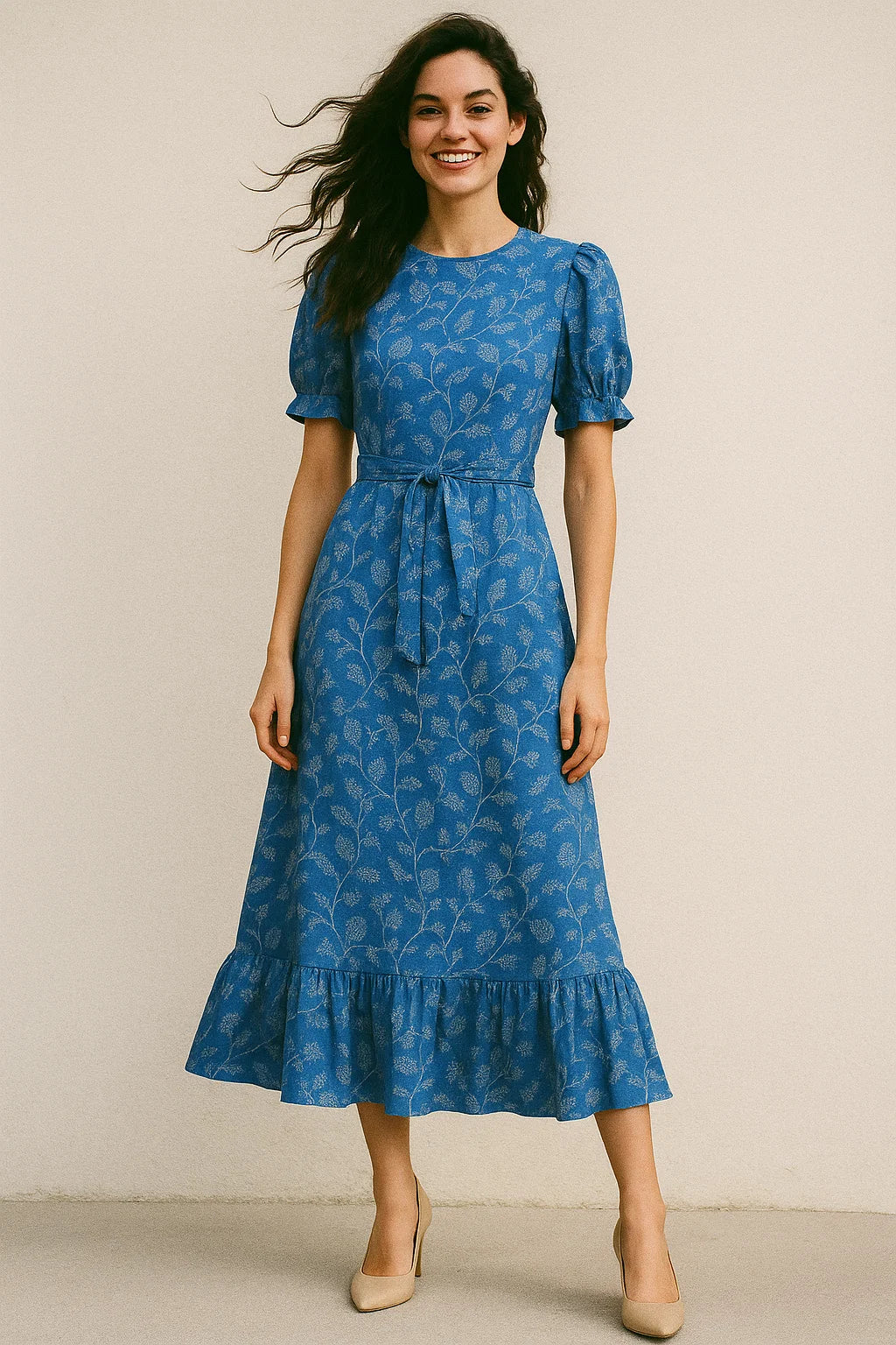 White Jasud Flower With Stalk Digital Printed Fabric - Japan Satin