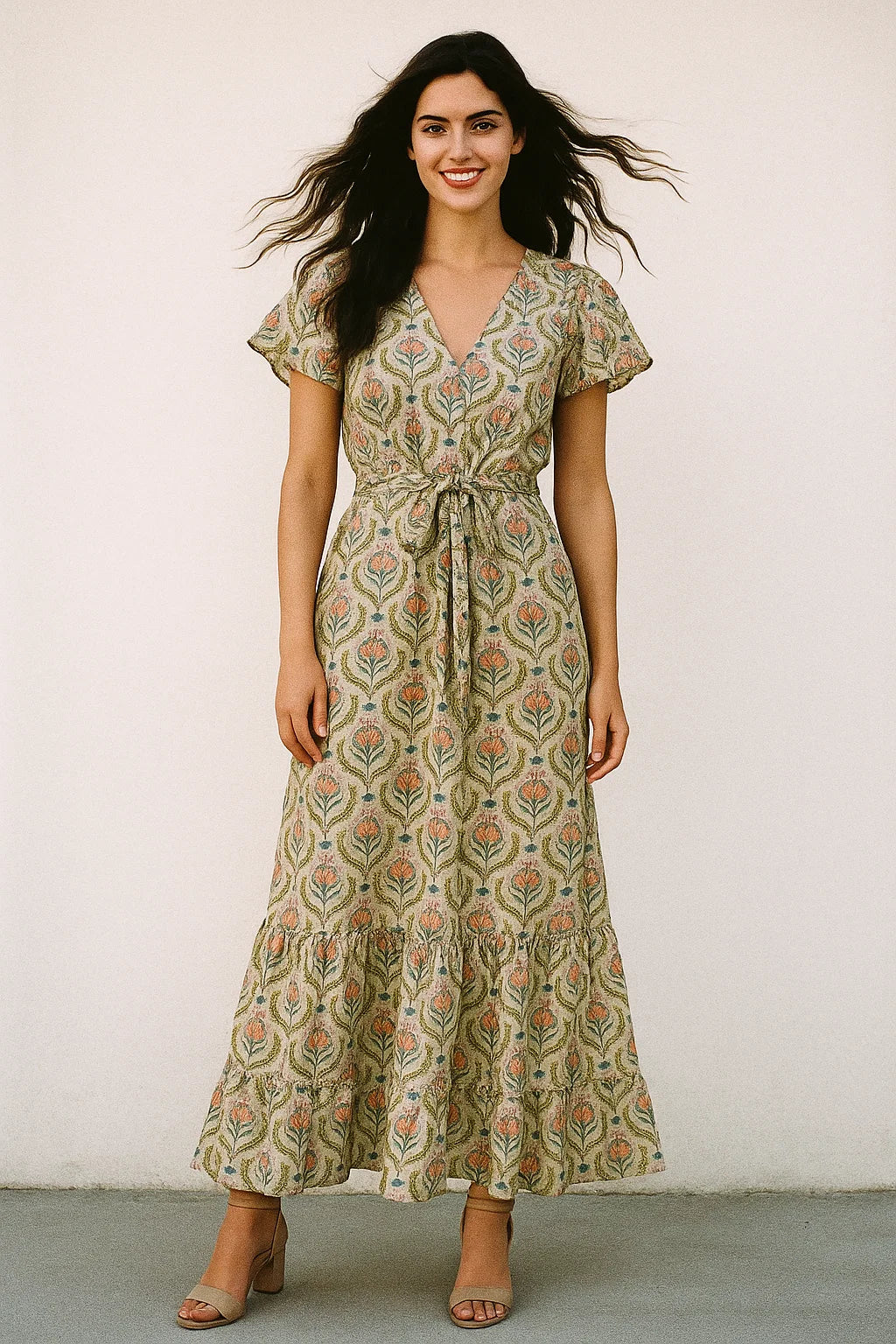 Green Leaves With Flower Digital Printed Fabric