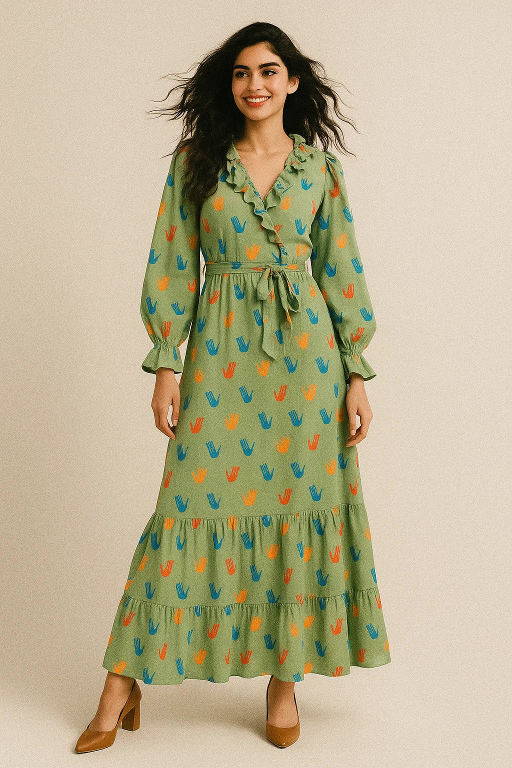 Green Muslin Digital Printed Fabric With Quirky Kids Hand Prints