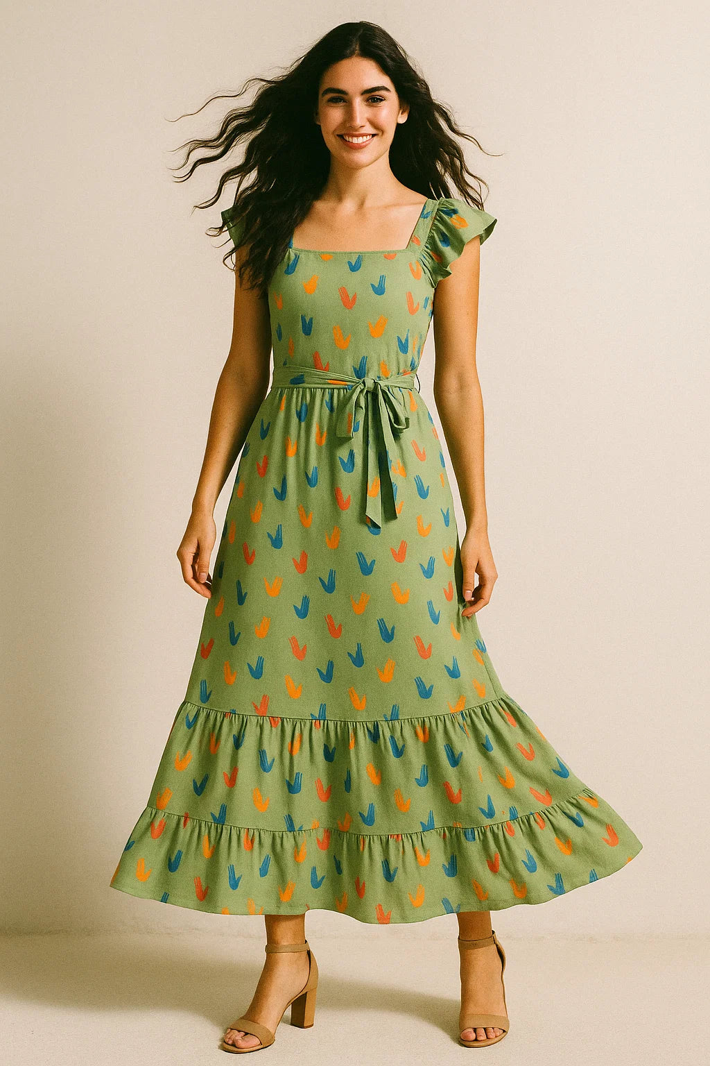 Green Muslin Digital Printed Fabric With Quirky Kids Hand Prints