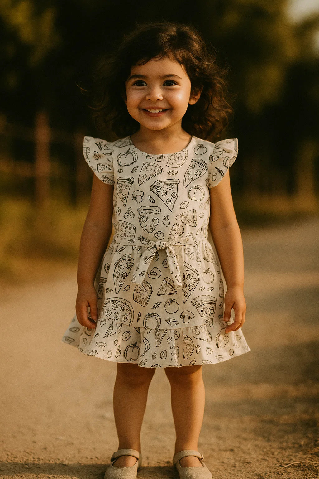 White Muslin Digital Printed Fabric With Quirky Pizza Prints For Kids