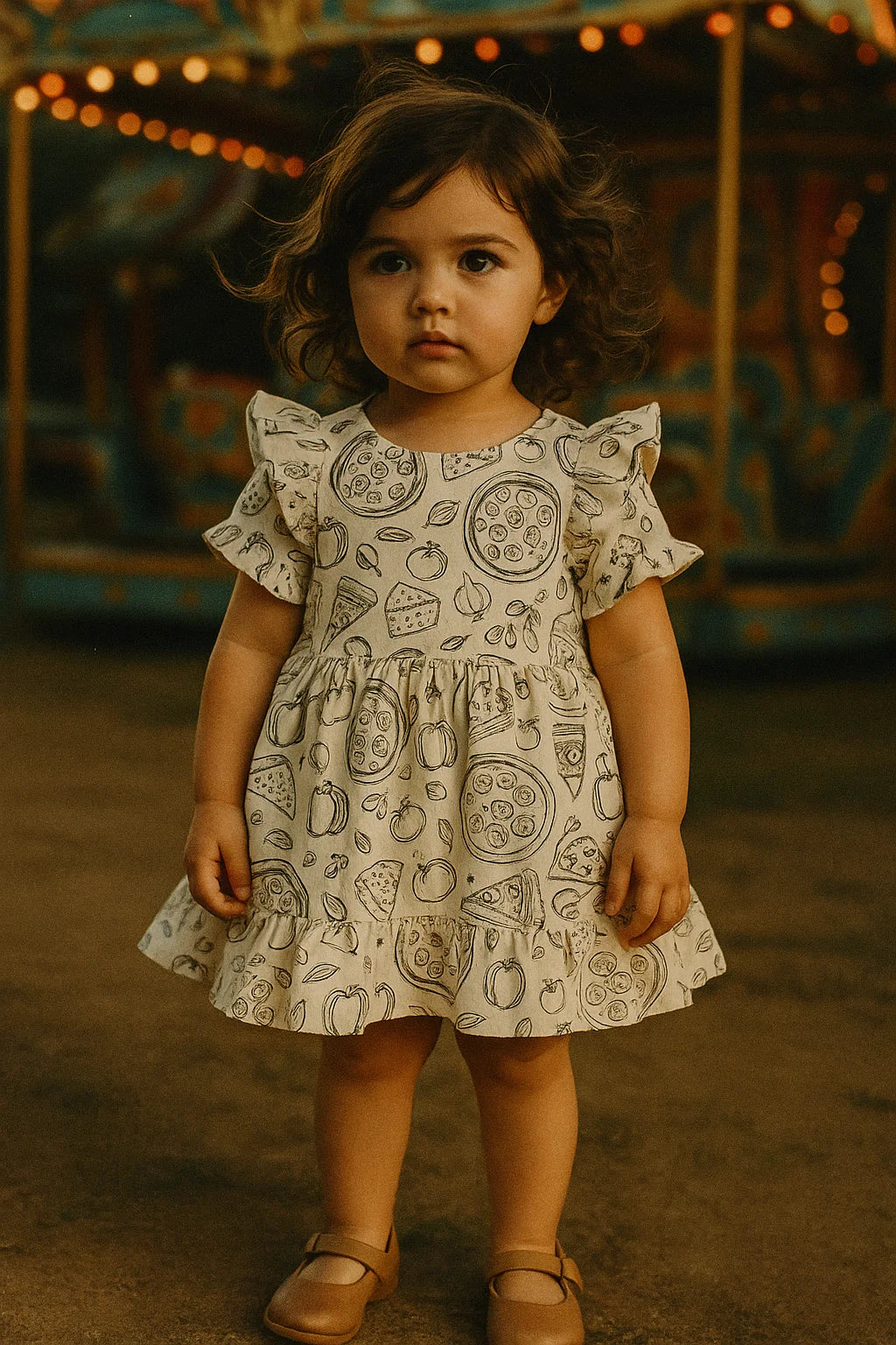 White Muslin Digital Printed Fabric With Quirky Pizza Prints For Kids