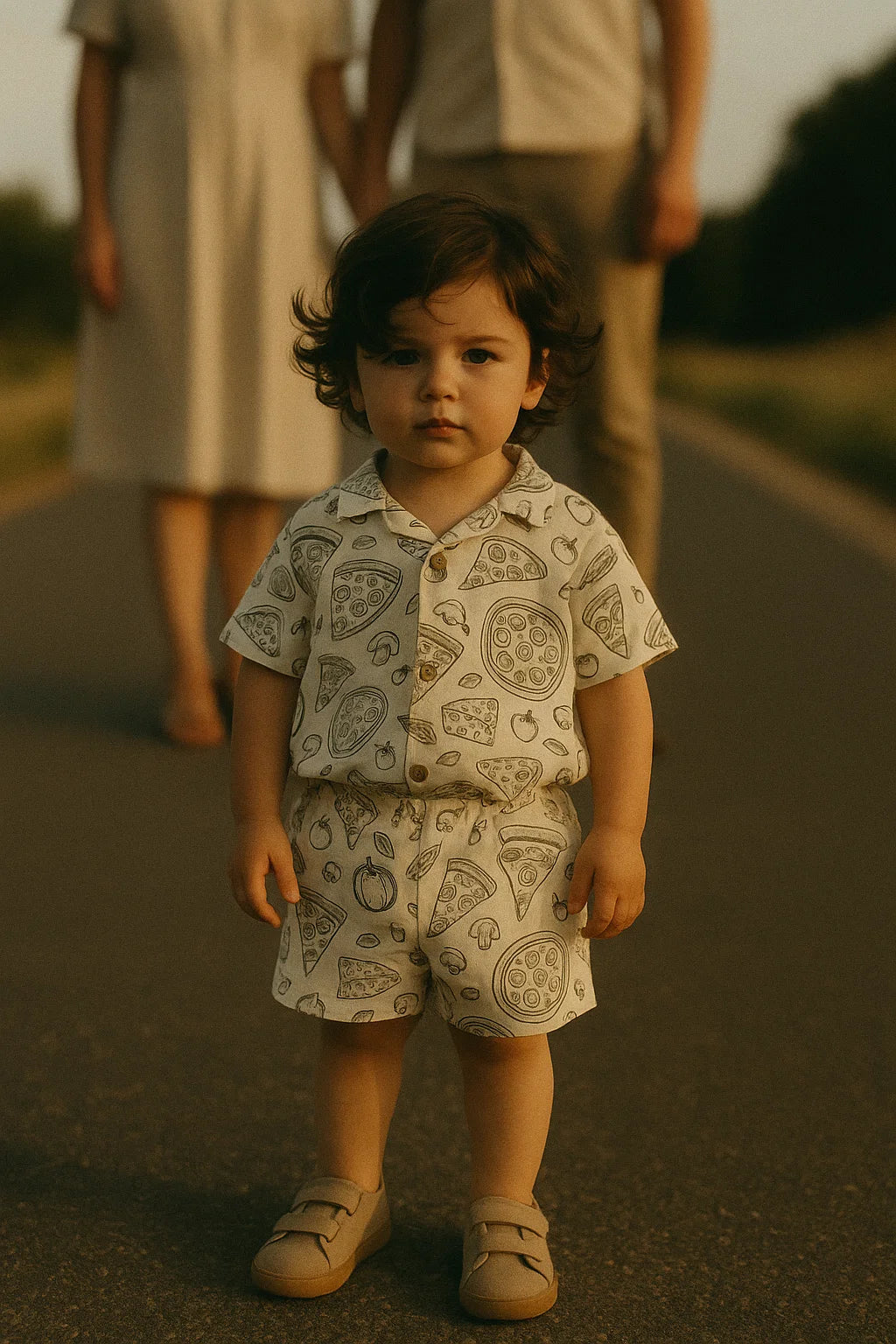 White Muslin Digital Printed Fabric With Quirky Pizza Prints For Kids