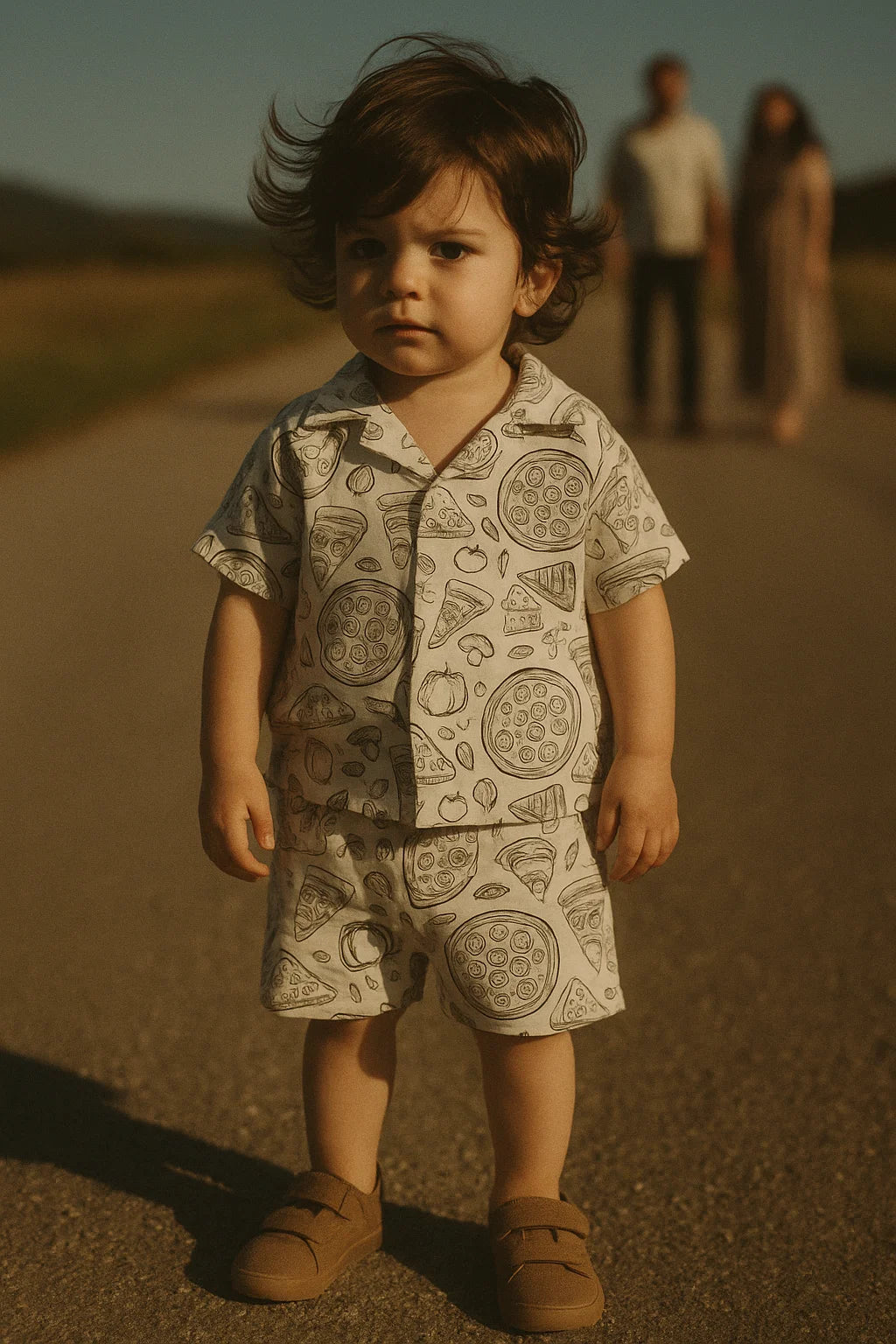 White Muslin Digital Printed Fabric With Quirky Pizza Prints For Kids