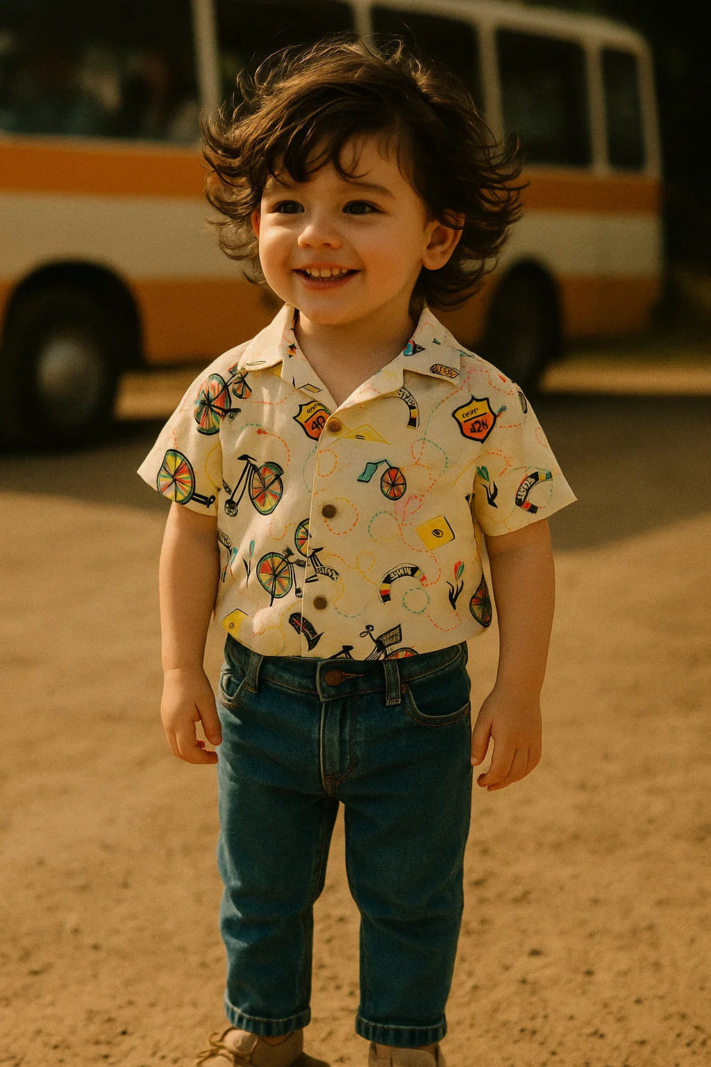 Cream Cycle Prints Muslin Fabric for Kids