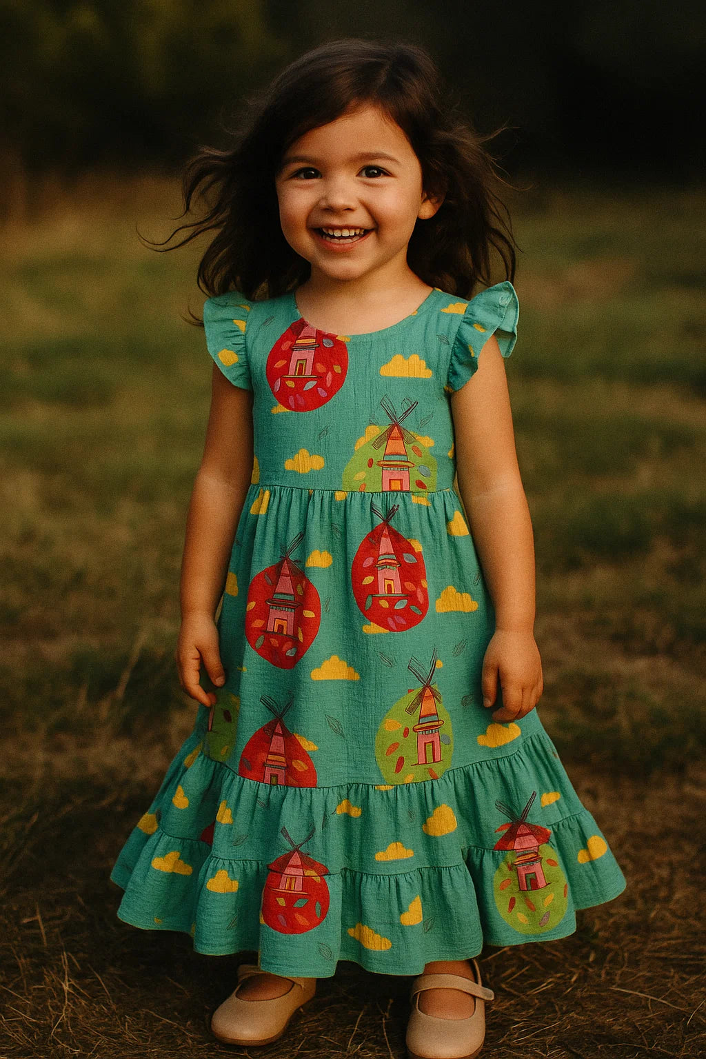 Blue and Red Windmill Print Muslin Fabric for Kids