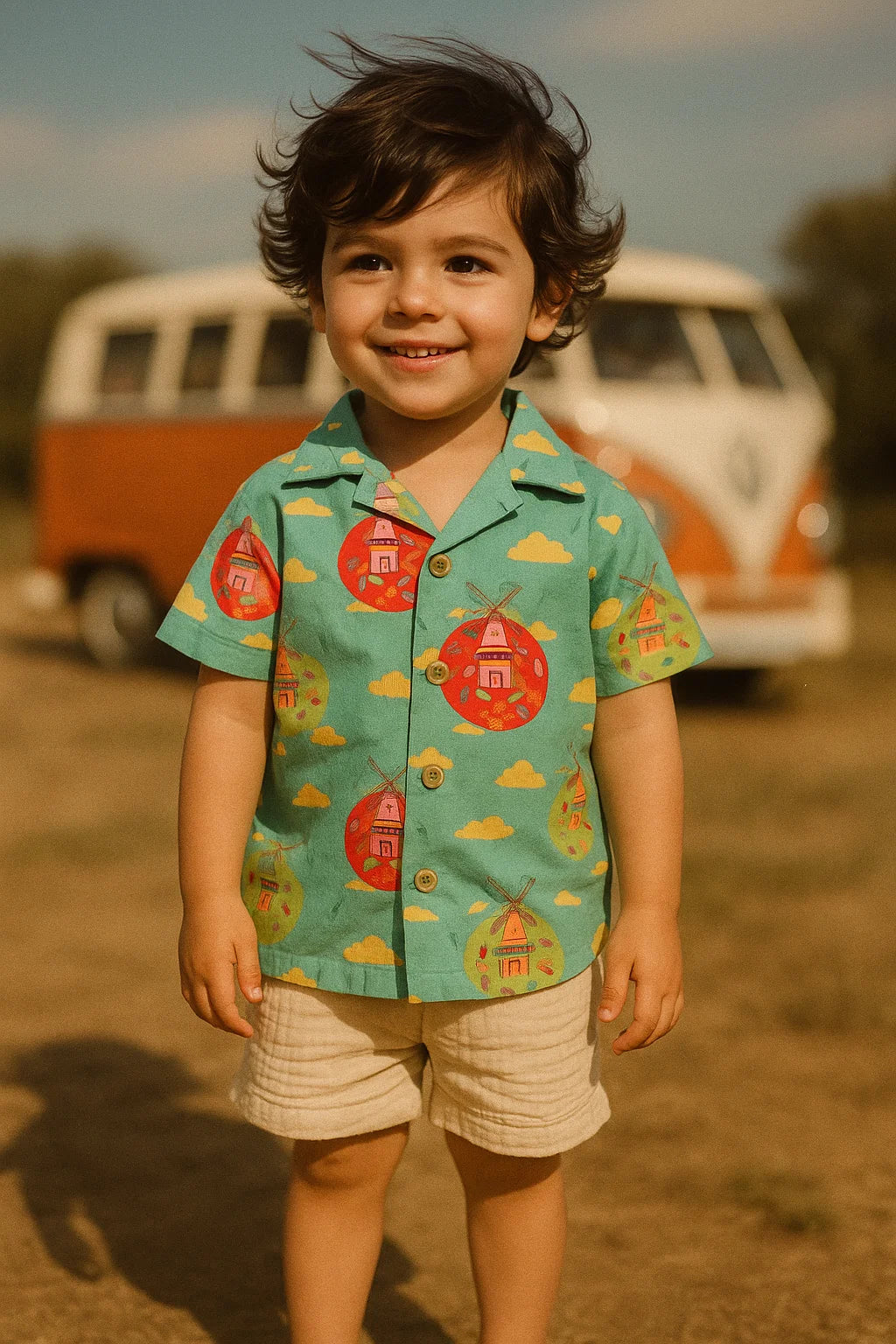 Blue and Red Windmill Print Muslin Fabric for Kids