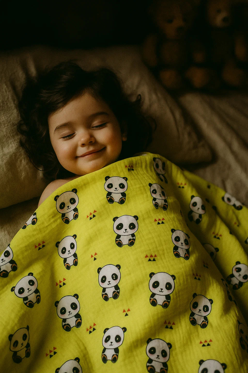 Yellow Muslin Panda Prints Fabric for Kids