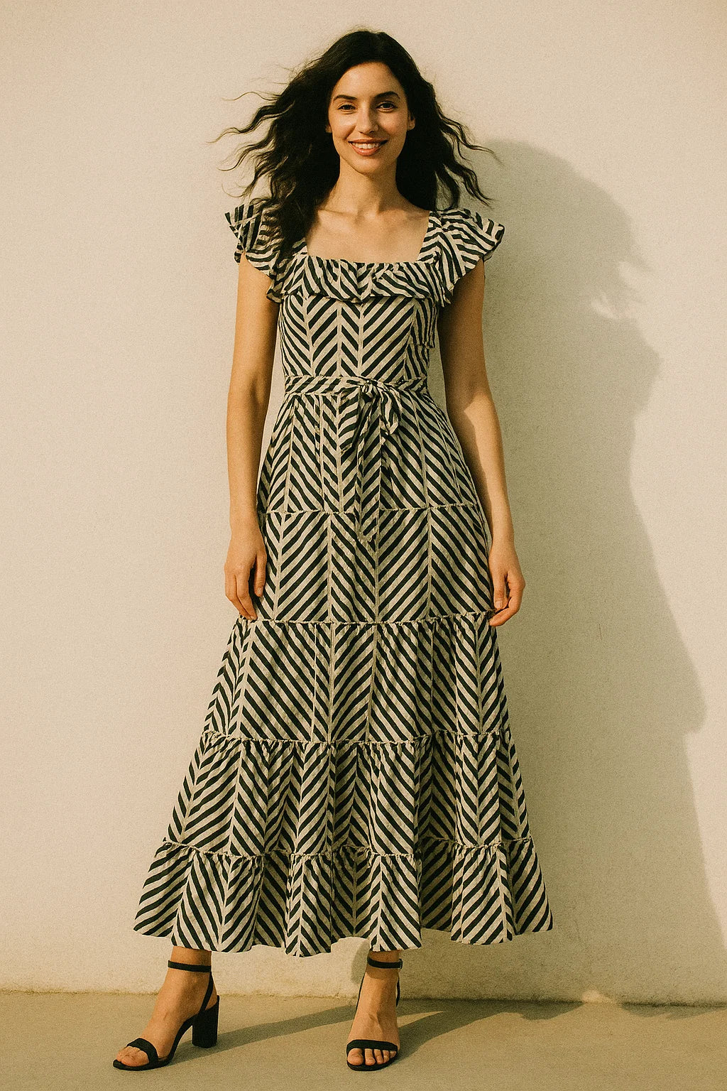 Attractive Black Strips With Bone Colour Digital Printed Fabric - Muslin