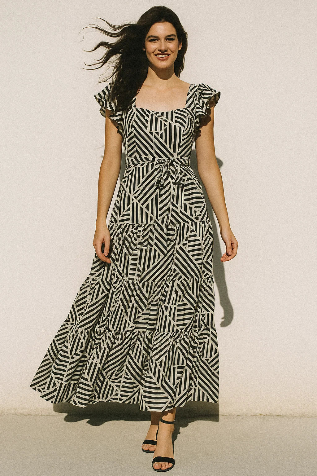 Attractive Black Strips With Bone Colour Digital Printed Fabric - Muslin