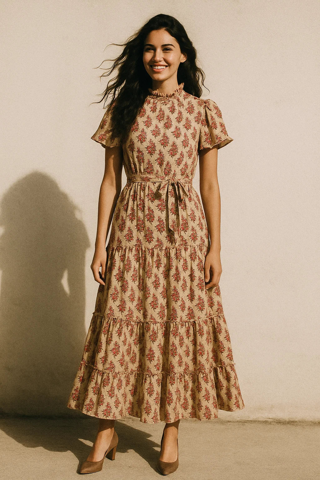 Tan Flower Poly Muslin Printed Fabric