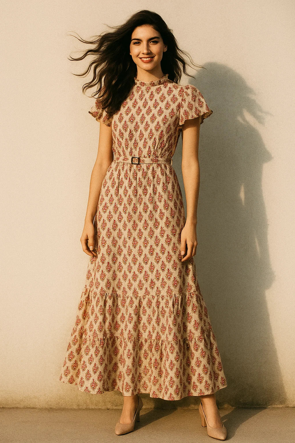 Tan Flower Poly Muslin Printed Fabric