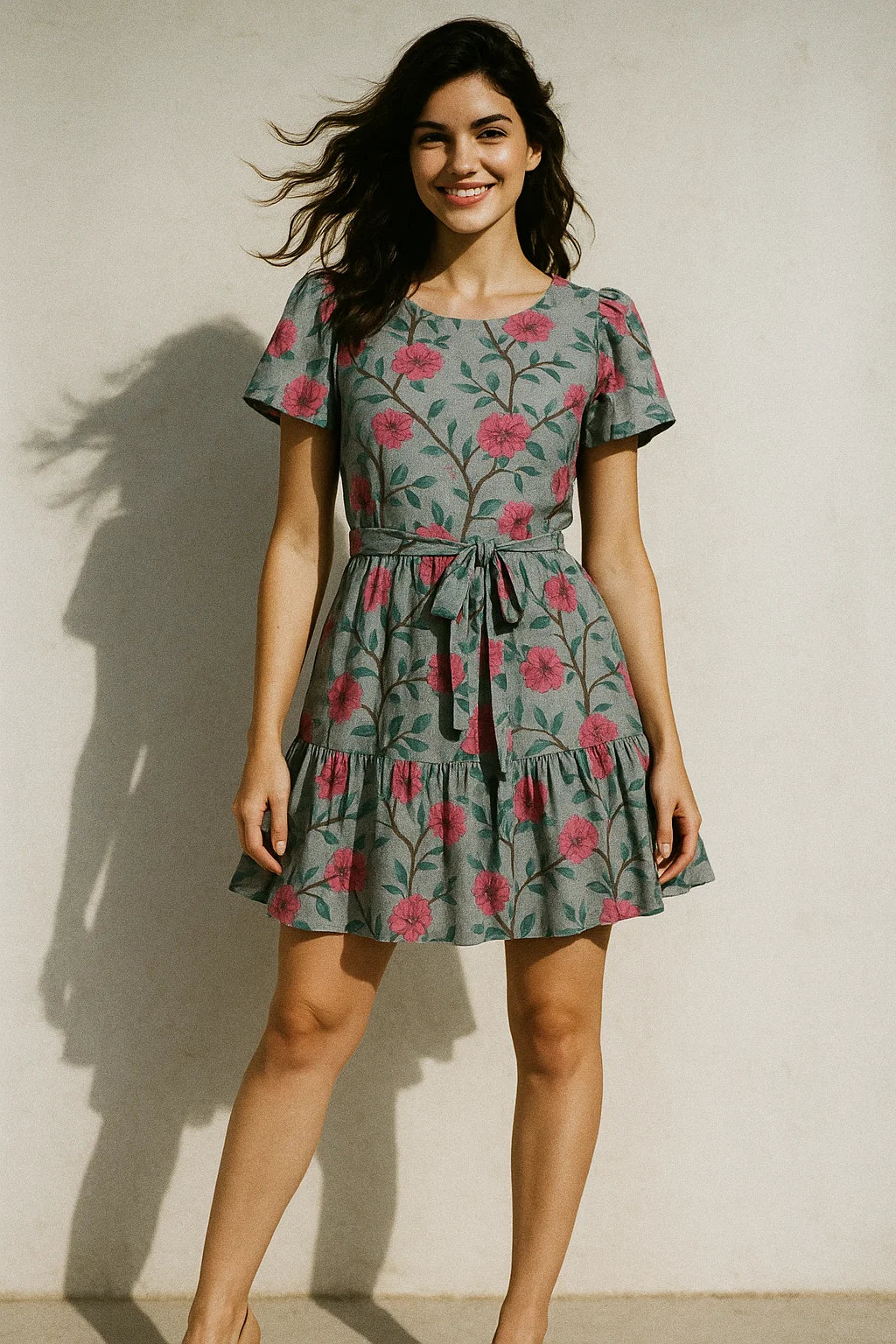 Pink Flower And Branch Digital Printed Fabric - Poly Muslin