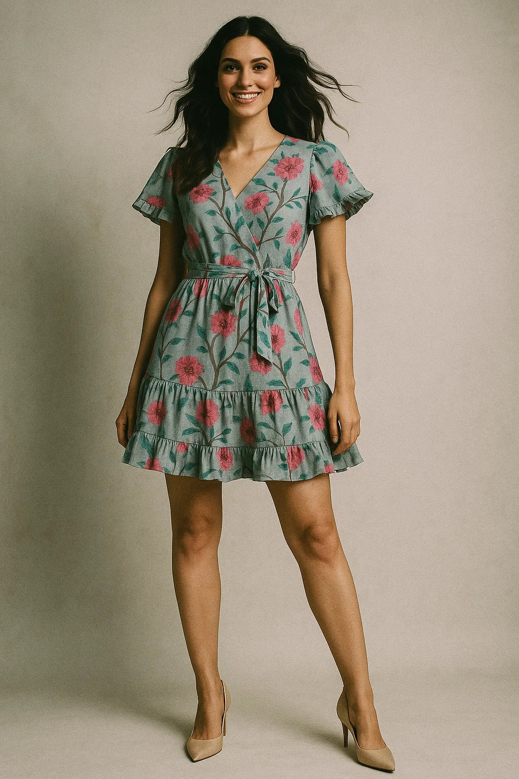 Pink Flower And Branch Digital Printed Fabric - Poly Muslin