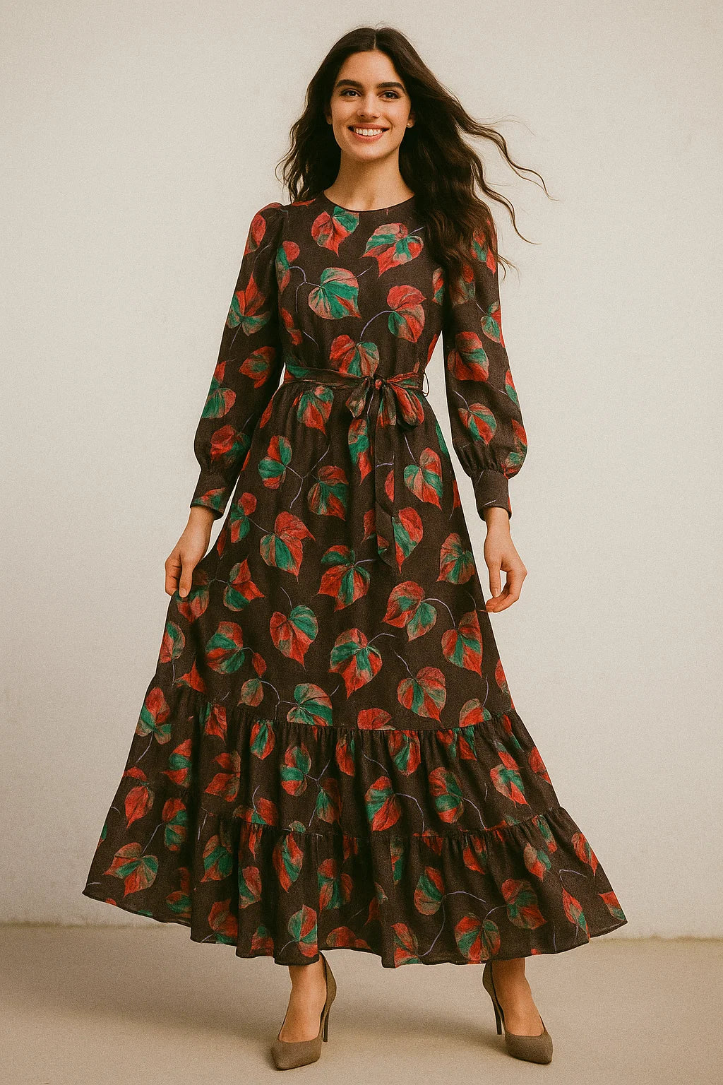 Colourful Floating Leaves Digital Printed Fabric - Poly Muslin