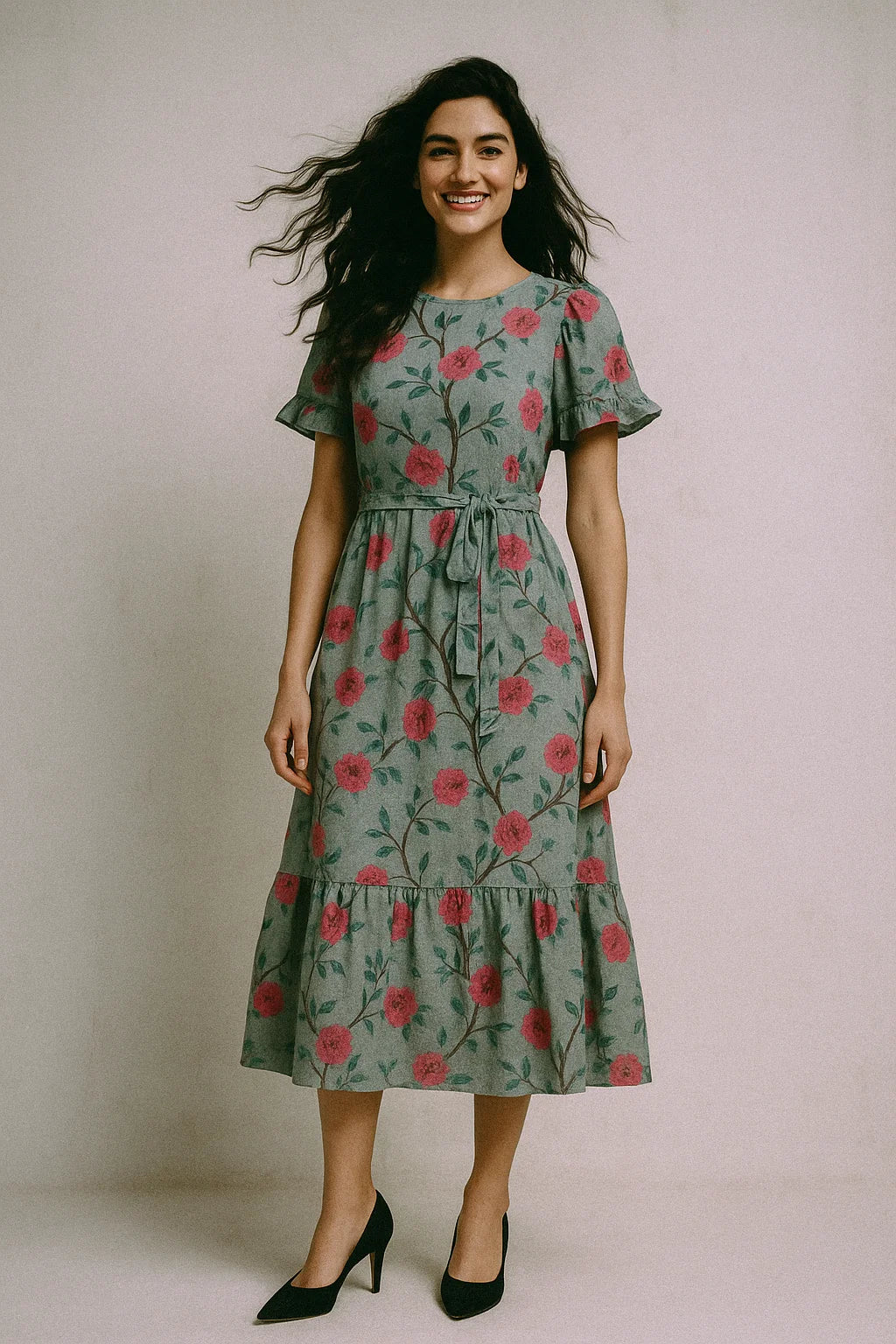 Pink Flower And Branch Digital Printed Fabric - Poly Muslin