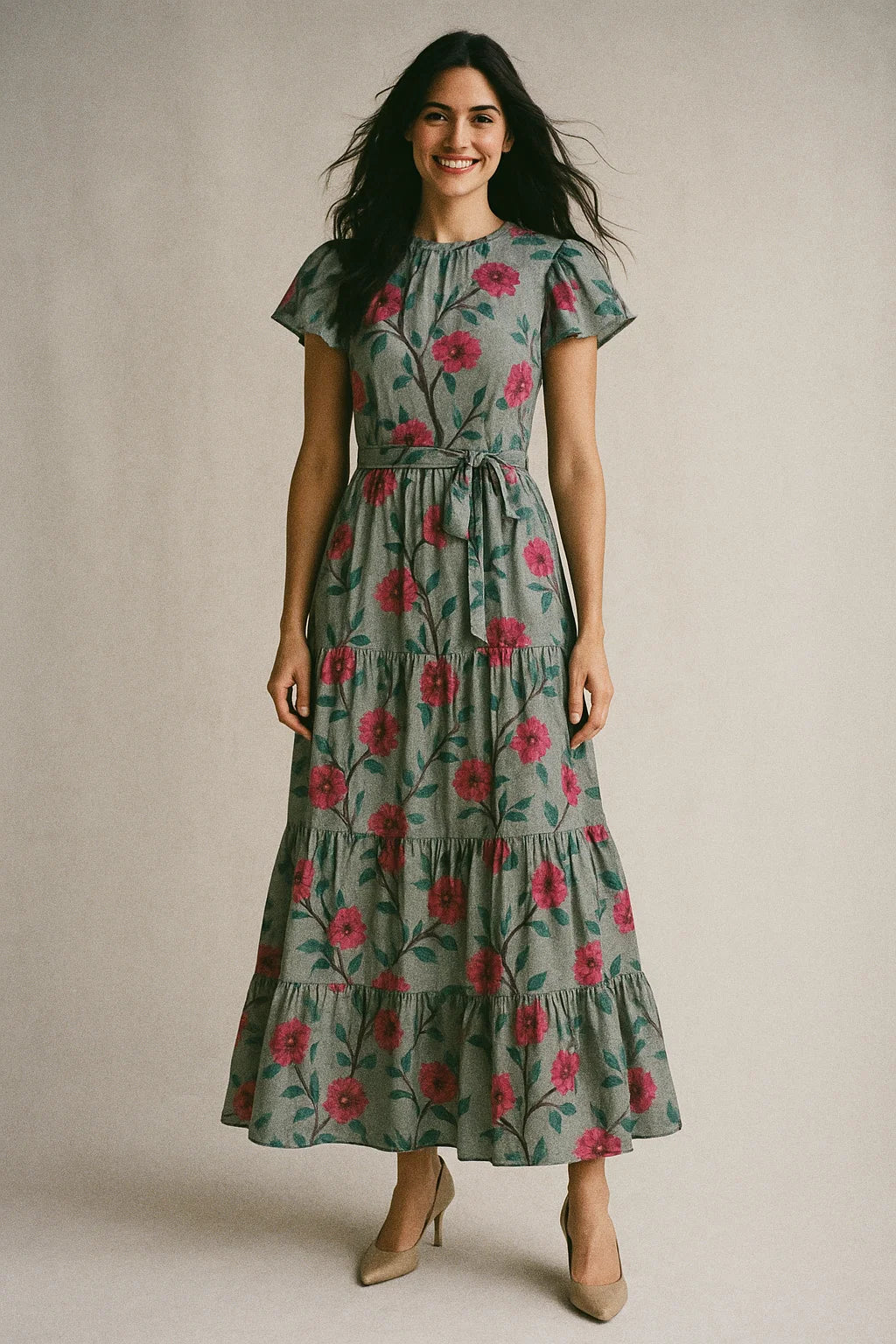 Pink Flower And Branch Digital Printed Fabric - Poly Muslin