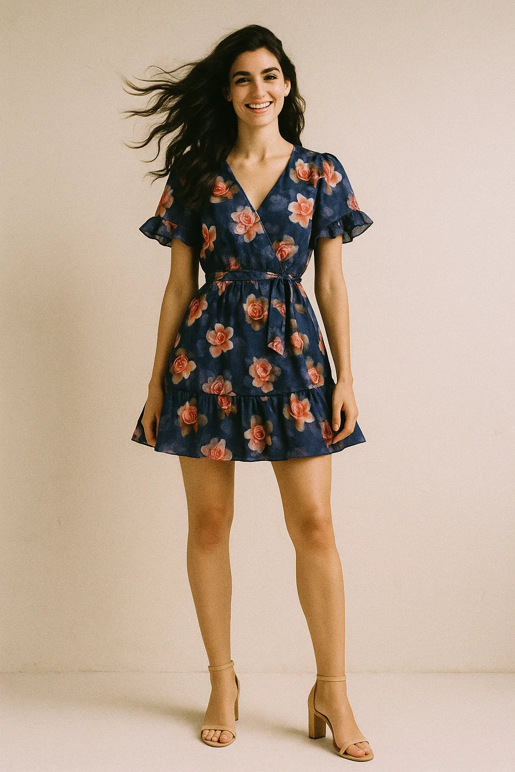 Valvet Blue Background With Creamy Roses Digital Printed Fabric - Poly Muslin