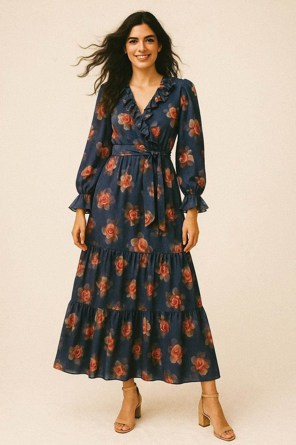 Valvet Blue Background With Creamy Roses Digital Printed Fabric - Poly Muslin