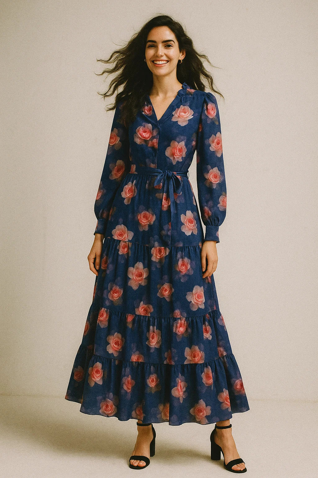 Valvet Blue Background With Creamy Roses Digital Printed Fabric - Poly Muslin