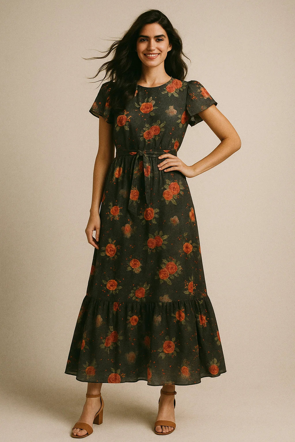 Most Trending Oranges With Red Rose Digital Printed Fabric - Poly Muslin