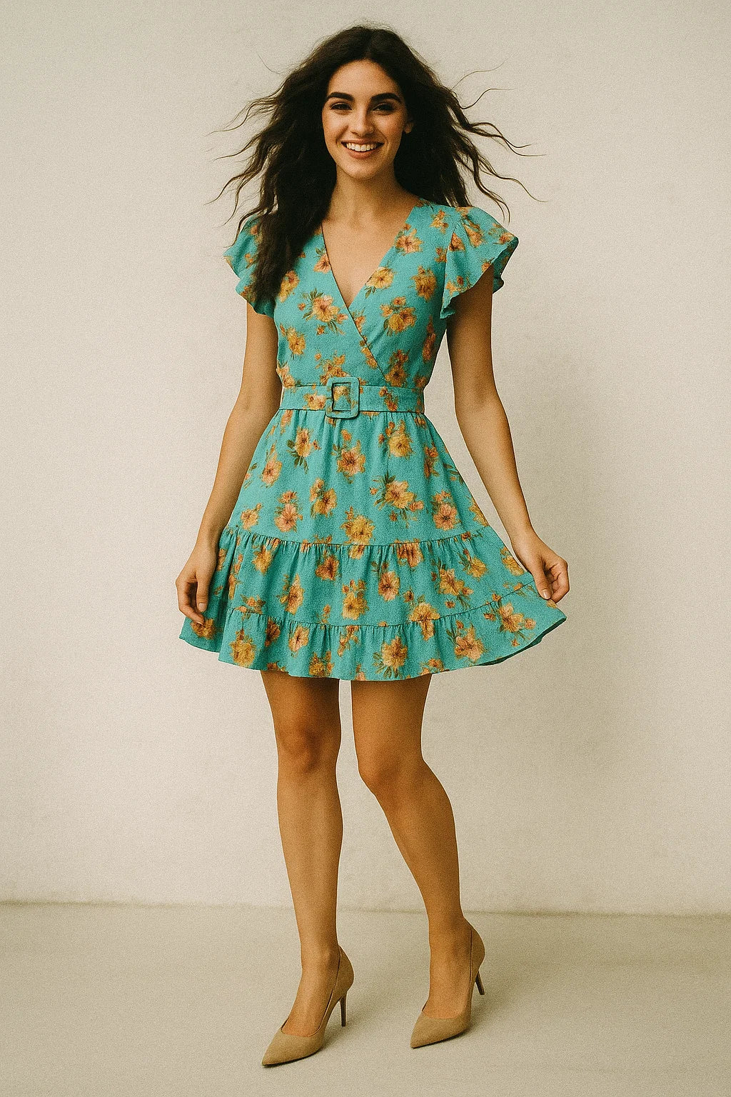 Lovely Periwinkle Flower With Blue Turquoise Digital Printed Fabric - Poly Muslin