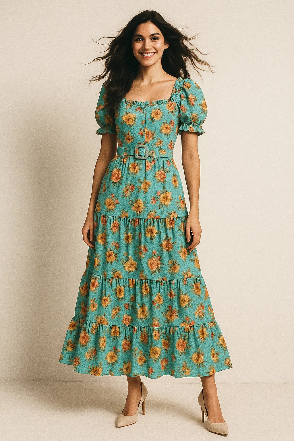 Lovely Periwinkle Flower With Blue Turquoise Digital Printed Fabric - Poly Muslin