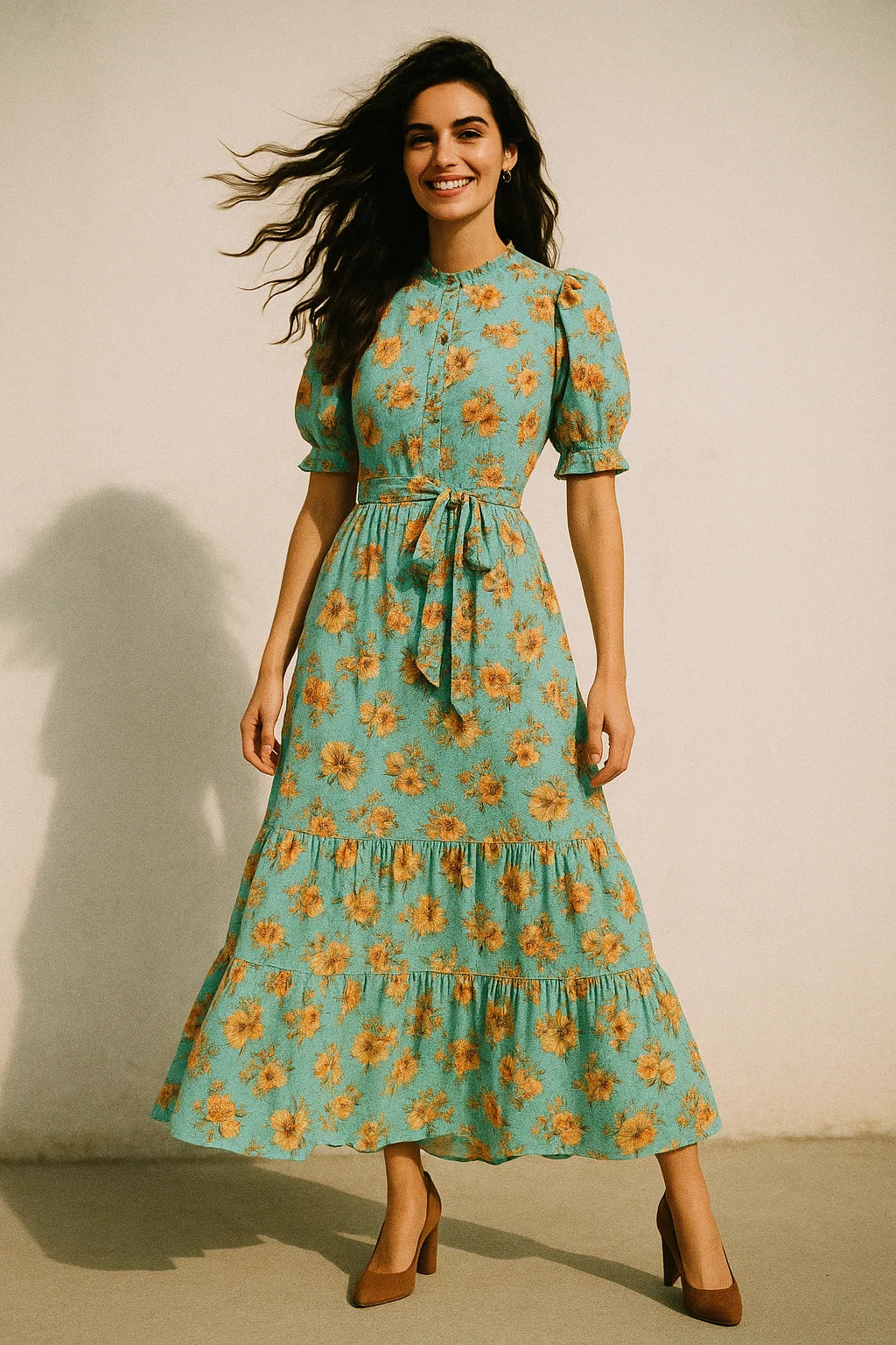 Lovely Periwinkle Flower With Blue Turquoise Digital Printed Fabric - Poly Muslin