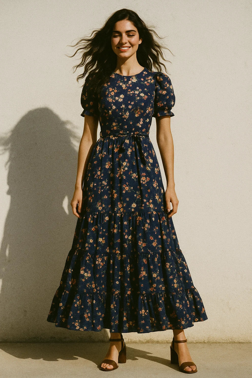 Tiny Colorfull Orchids Floral With Blue Background Digital Printed Fabric - Poly Muslin