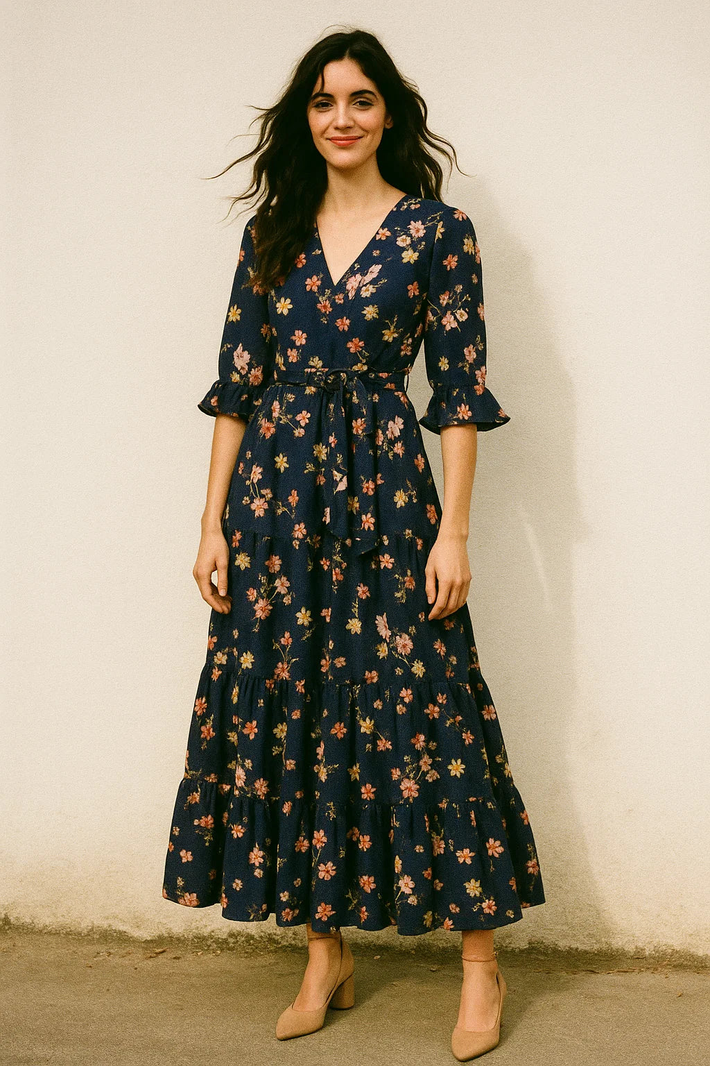 Tiny Colorfull Orchids Floral With Blue Background Digital Printed Fabric - Poly Muslin